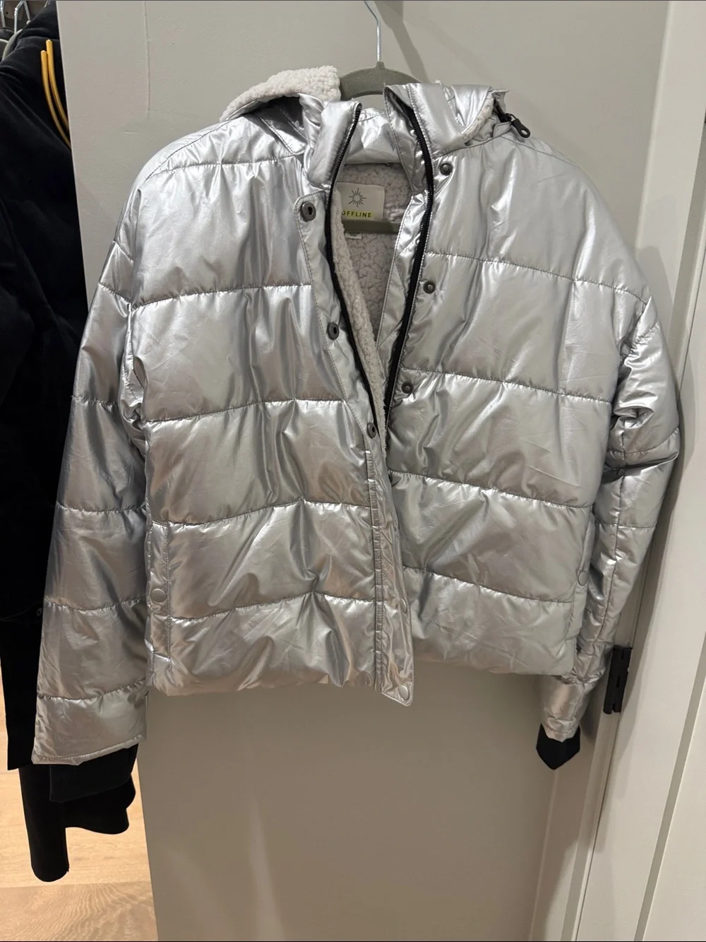aerie Metallic Silver Puffer Jacket with Sherpa Hood - Picture 1 of 2
